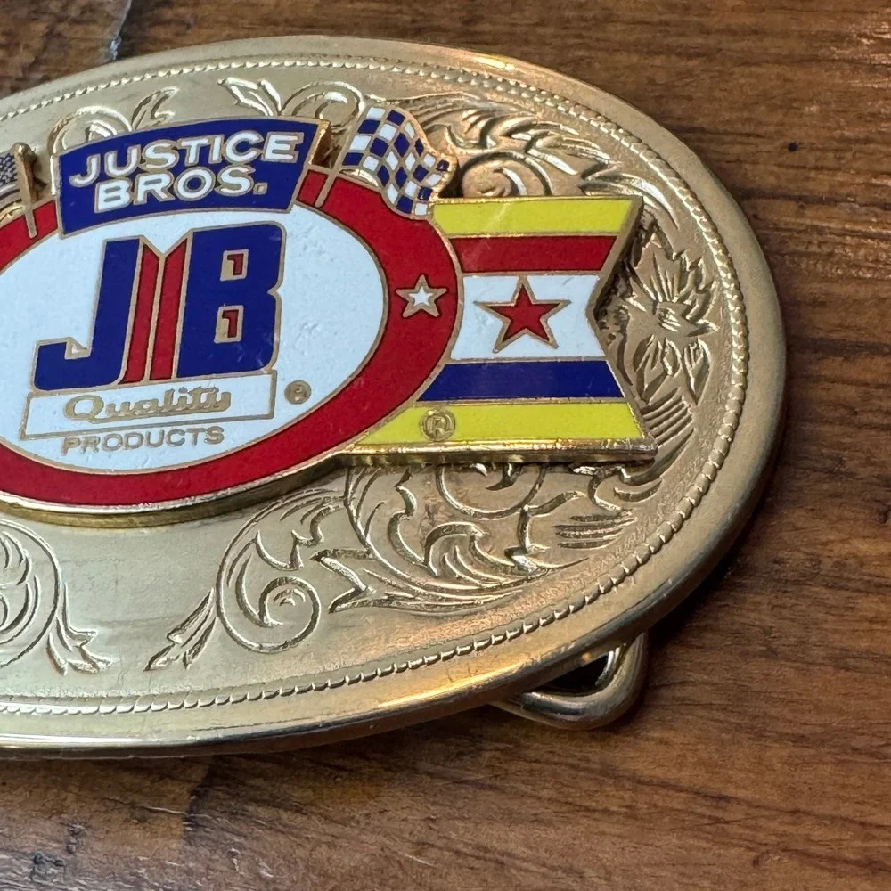 Vintage Justice Bros JB Racing Belt Buckle Gold‎ Tone Western Scrollwork Enamel